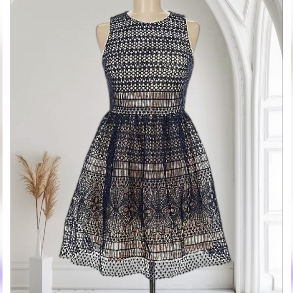 Francesca Navy & Nude Crochet Spring Summer Easter Dainty Tea Brunch Dress
